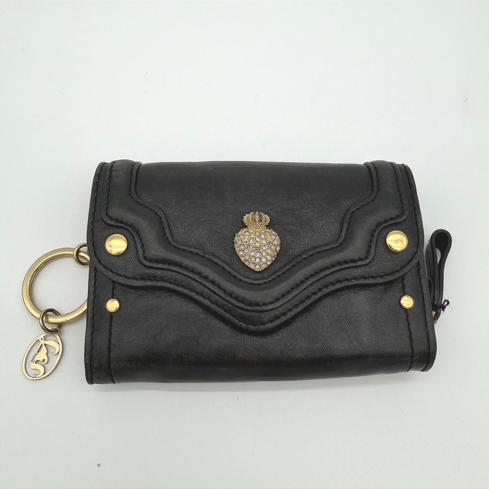 Juicy Couture McBling Y2K Black Leather Rhinestone Crown Heart Key Ring Wallet